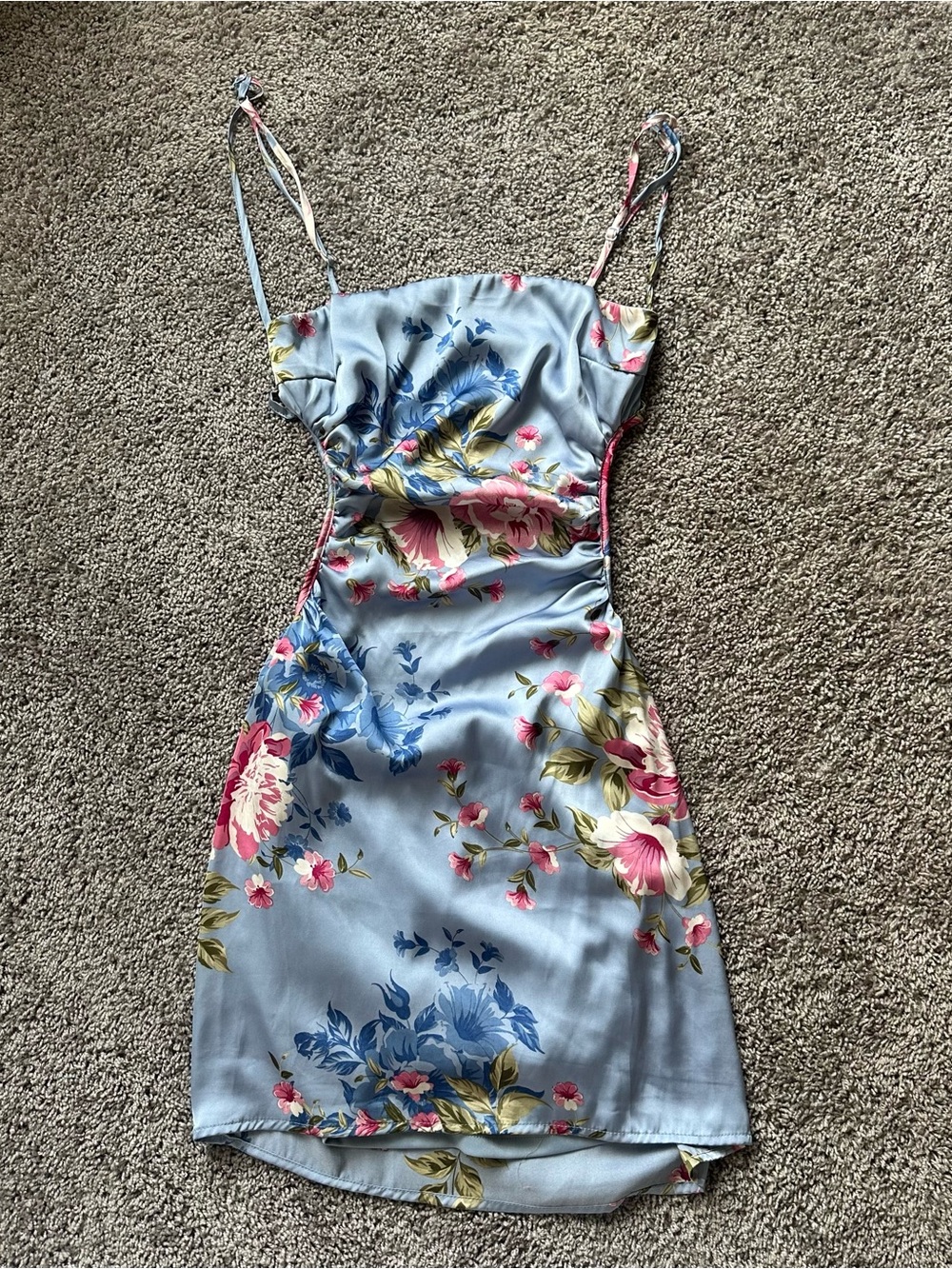 Light Blue Floral Satin Mini Dress with Spaghetti Straps